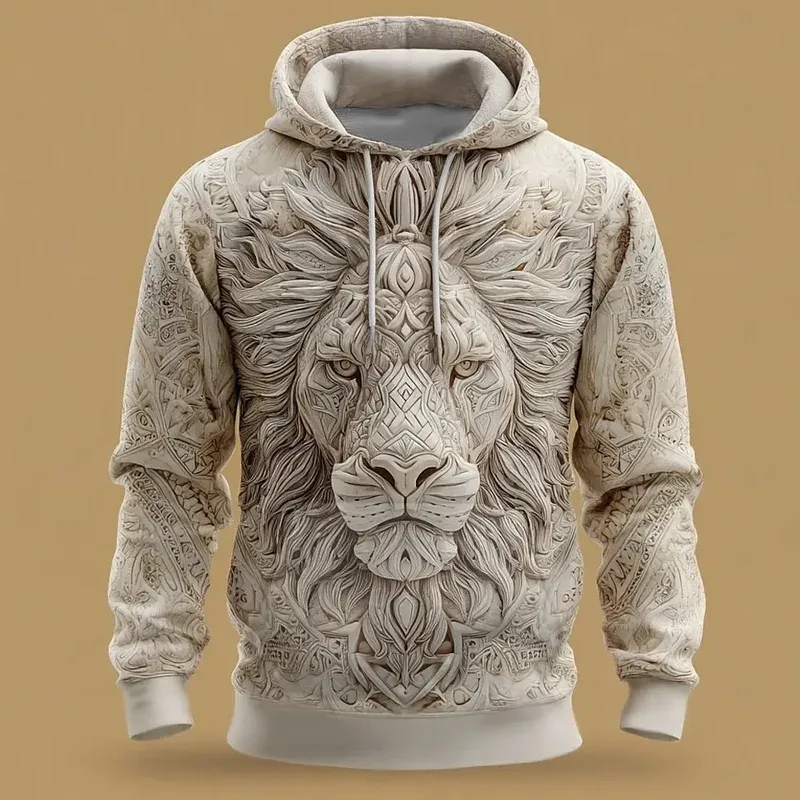 2026 Fall Winter Men's Vintage Animal Lion 3D Prints Hooded Hoodies Sweatshirt Long Sleeve Crew Neck Streetwear Drawstring Tops — image 9