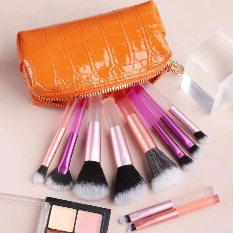 10 יחידות ערכת מברשת איפור מלא תנין שקית רוכסן אבקת קונטור צלליות גבות ריס מברשות קוסמטיות — image 11