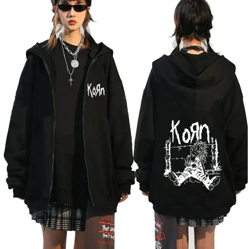 Korn rock band carta logotipo zíper hoodie masculino metal gótico vintage oversized zip up hoodies streetwear punk camisolas jaquetas — image 19