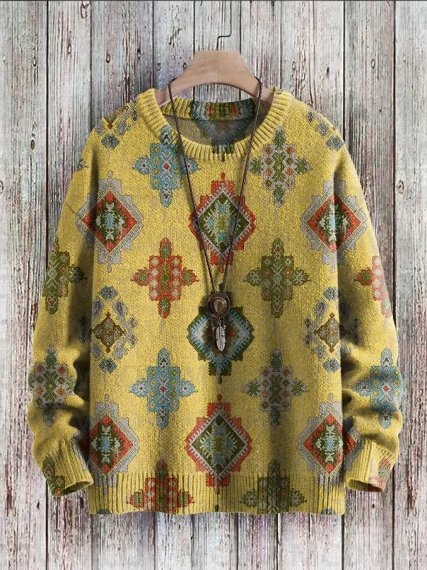 Suéter pulôver de malha com estampa vintage padrão feminino para homens
