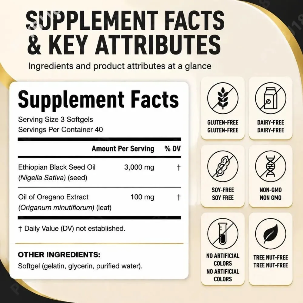 Etióp feketemag olaj 3000 mg lágyzselé oregánóolajjal támogatja az immunrendszer egészségét, az emésztés egyensúlyát és a napi vitalitást 120 Count — image 3