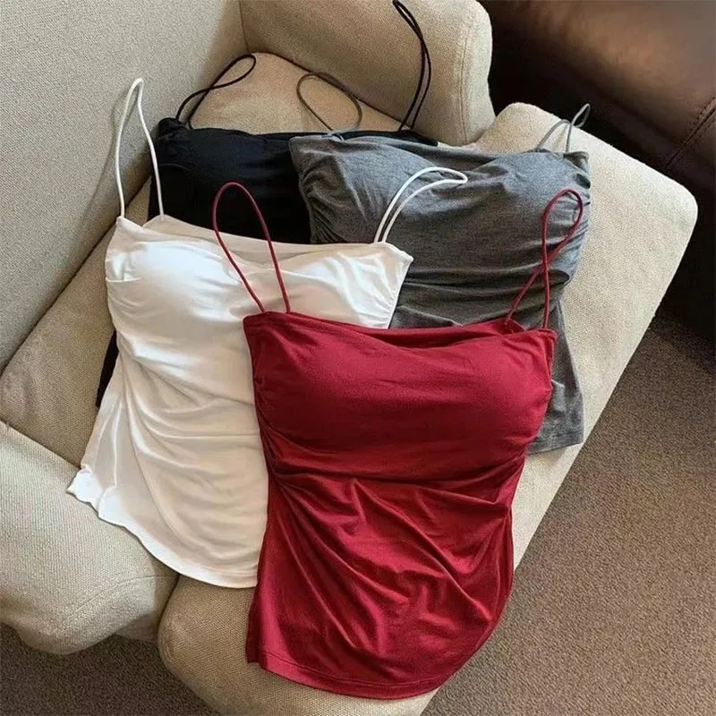 Új-szexi tömör redőzött Tank Camisole női nyári spagettipántos ujjatlan felsők — image 2