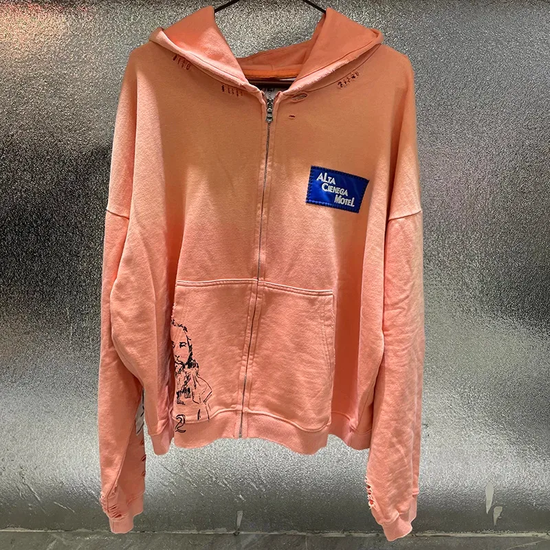 Washed Graffiti PALY Hoodies Men Woman Vintage Damaged Hole Old New Autumn Winter Zipper Hooded Pullovers Sweatshirts