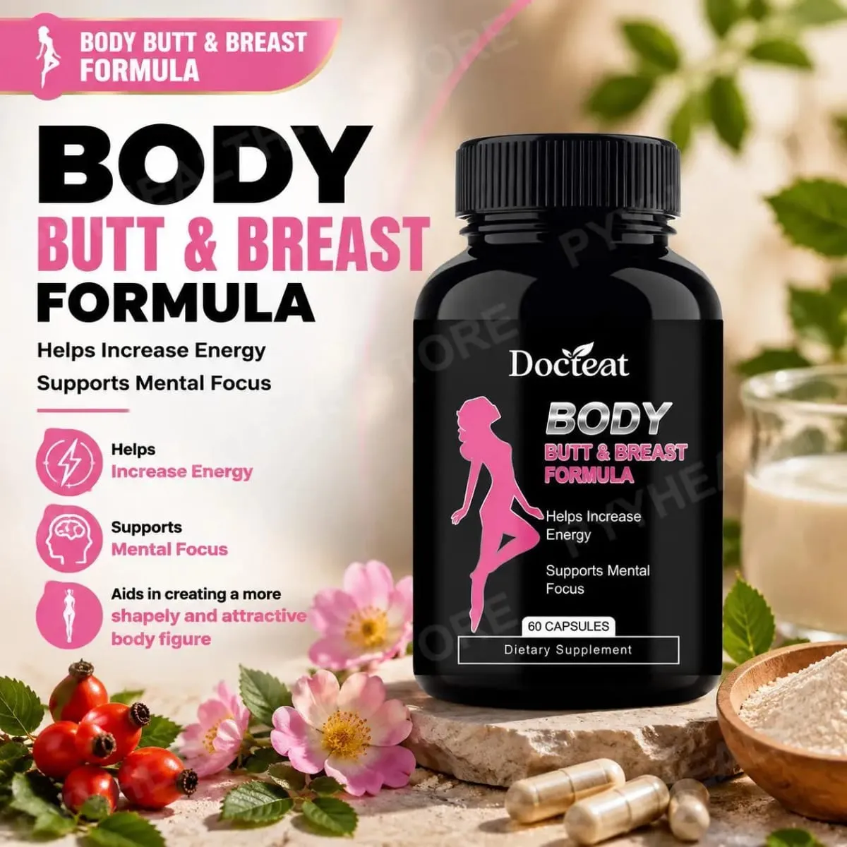 A Docteat Body Butt & Breast Formula kapszula kreatin és tejsavó 60 kapszula segítségével növeli az energiát és támogatja a mentális összpontosítást — image 2