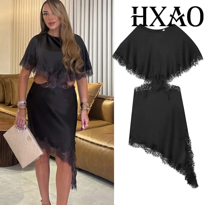 Kivágott fekete ruha női aszimmetrikus csipke midi ruha köpeny ujjú elegáns parti ruhák női szexi luxus koktélruha — image 2