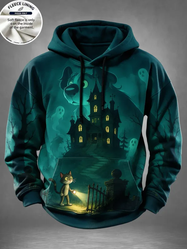 Português: Halloween casa assombrada fantasma abóbora morcego estampa moletom masculino forrado de lã POD moletom casual pulôver de manga comprida — image 6