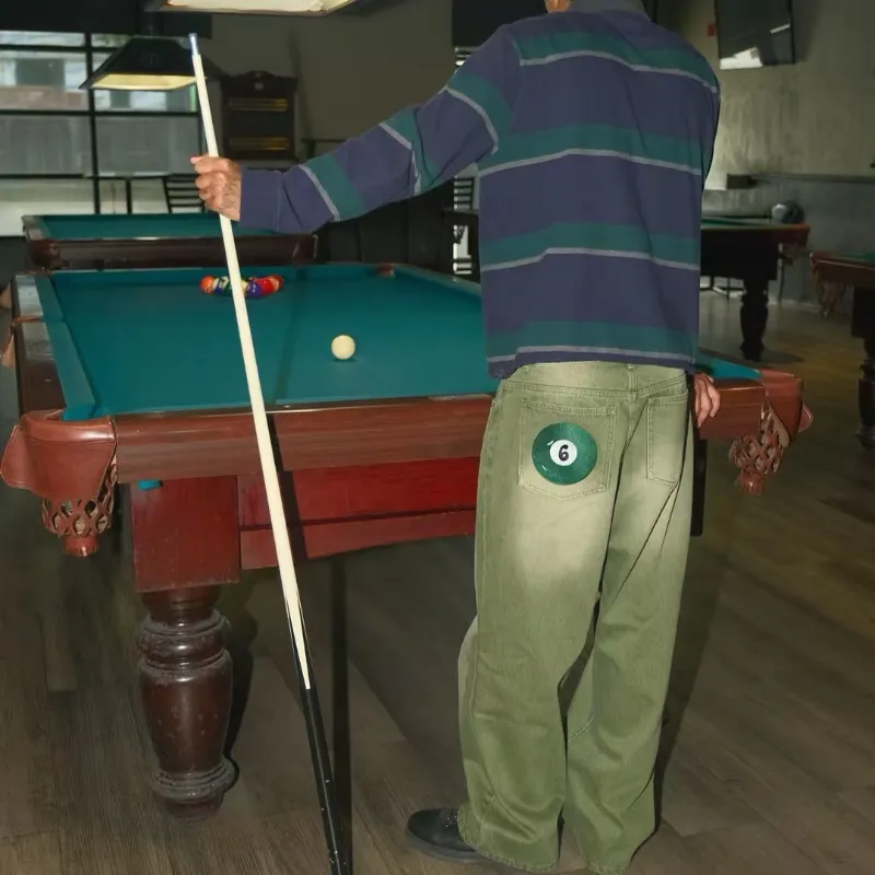 Y2K Retro Matcha Τζιν Τζιν Πλυμένο Μπιλιάρδο Κεντημένο Τζιν Παντελόνι Λονδίνο Μόδα Νέας Υόρκης Streetwear Unisex φαρδύ τζιν