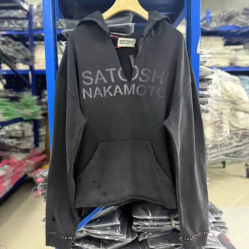 26SS Autumn Winter New Arrival Satoshi Nakamoto Hooded Sweatshirts Destructo Studded Washed Cotton Hooded Unisex Pullover — image 24