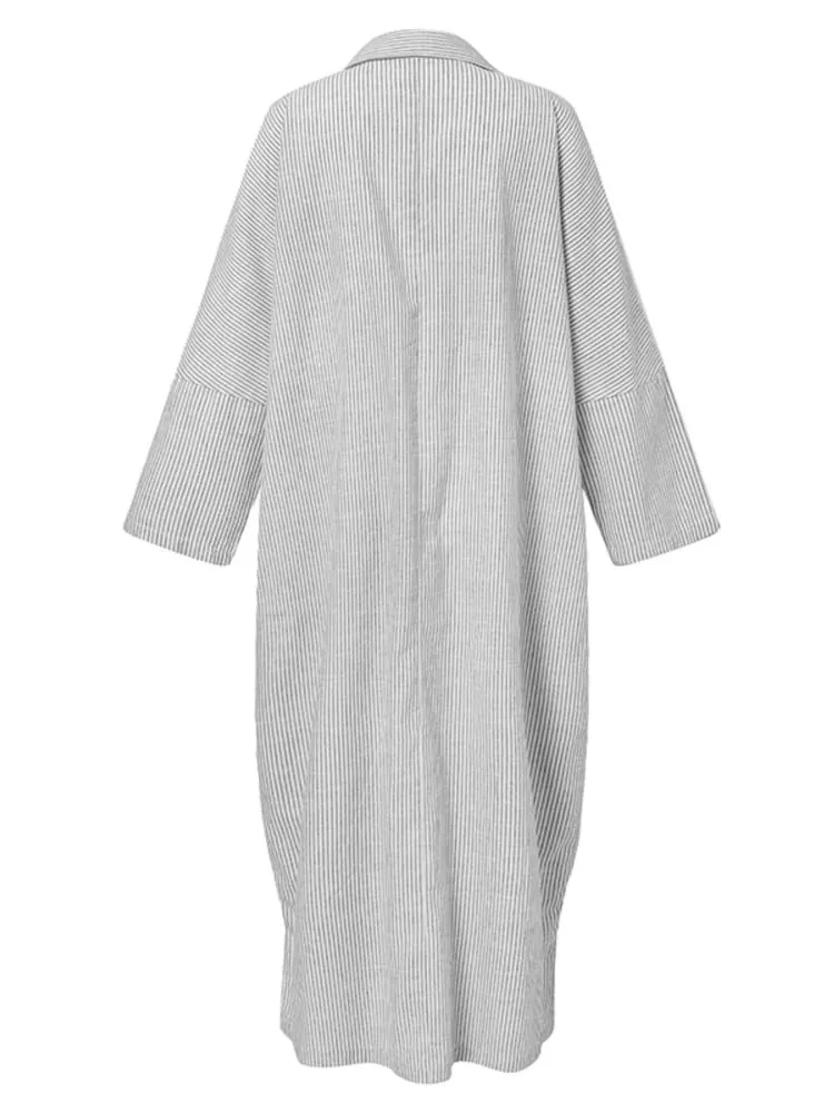 2025 Stripe Printed Beach Party Sundress ZANZEA Ανοιξιάτικο φθινόπωρο Γυναικείο μακρυμάνικο πέτο φόρεμα με ρεβέρ, Casual Loose Vestidos