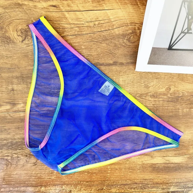 Cuecas masculinas coloridas de cintura baixa u convexa, cuecas de gaze sexy ultrafinas de malha pura transparente