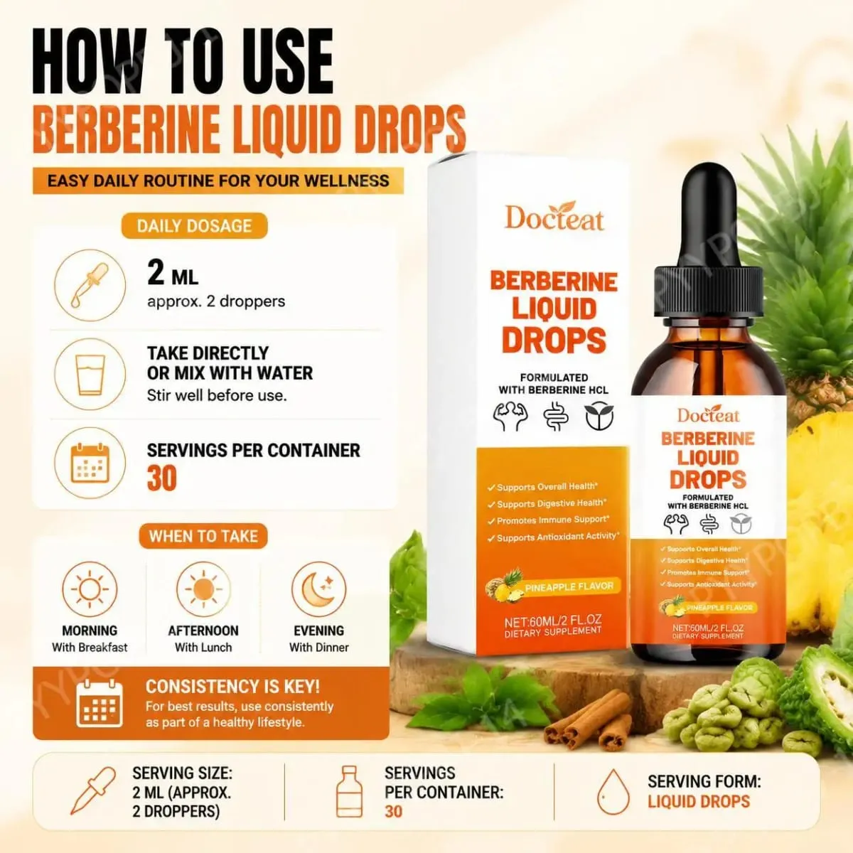 Docteat Berberine HCl Folyékony cseppek Támogatják az emésztés egészségét ceyloni fahéjjal és zöld kávébab ananász ízesítéssel 60 ml — image 5