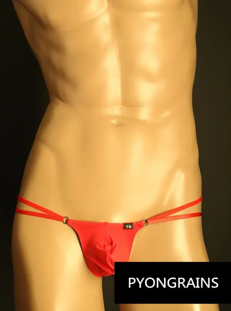 Homens ajustável metal o-ring dupla alça fina bikini briefs cintura baixa sedosa gelo seda 3d u bolsa convexa sexy roupa interior masculina