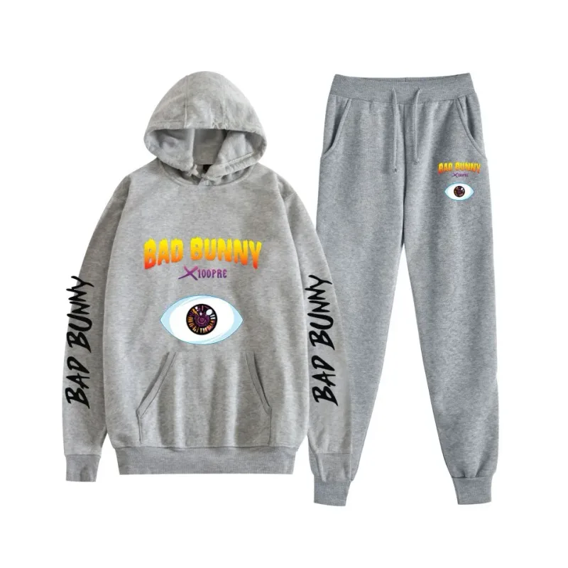 Harajuku confortável bad bunny impressão moletom moletom terno feminino hoodies + calças terno meninos/meninas 2 peça conjunto roupas — image 34
