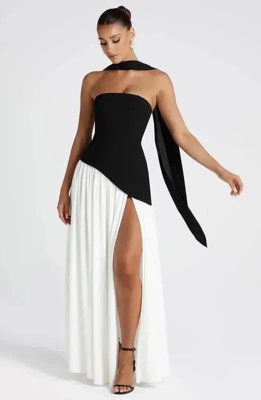 Solid Spliced Ribbon Maxi Dress Women Elegant Strapless Sleeveless Slit Long Dresses 2025 New Summer Holiday Party Lady Vestidos — image 10