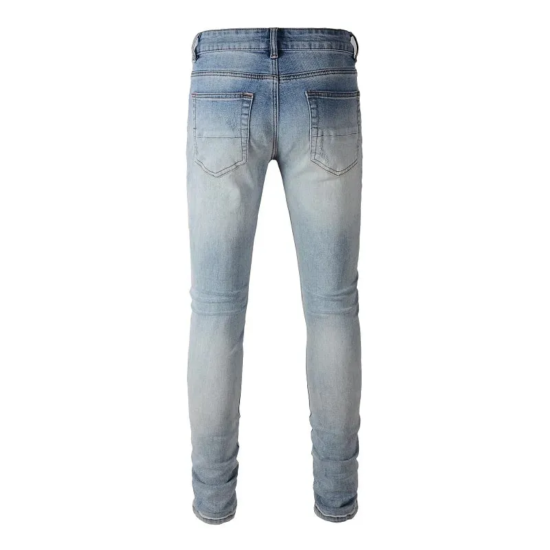 Men Crystal Patch Denim Jeans Streetwear Blue Patchwork Stretch Pants Ripped Distressed Skinny Tapered Trousers — image 2