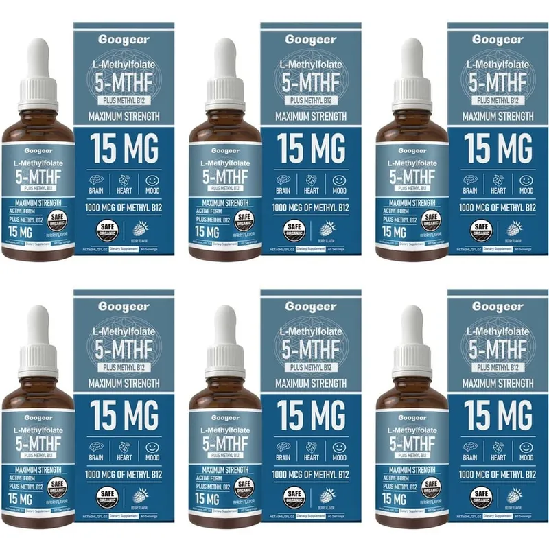 Googeer L-metilfolát 5-MTHF folyékony cseppek metil-B12-vel 15mg 1000mcg Maximális erősségű szív-agy hangulattámogatás 60ml — image 12