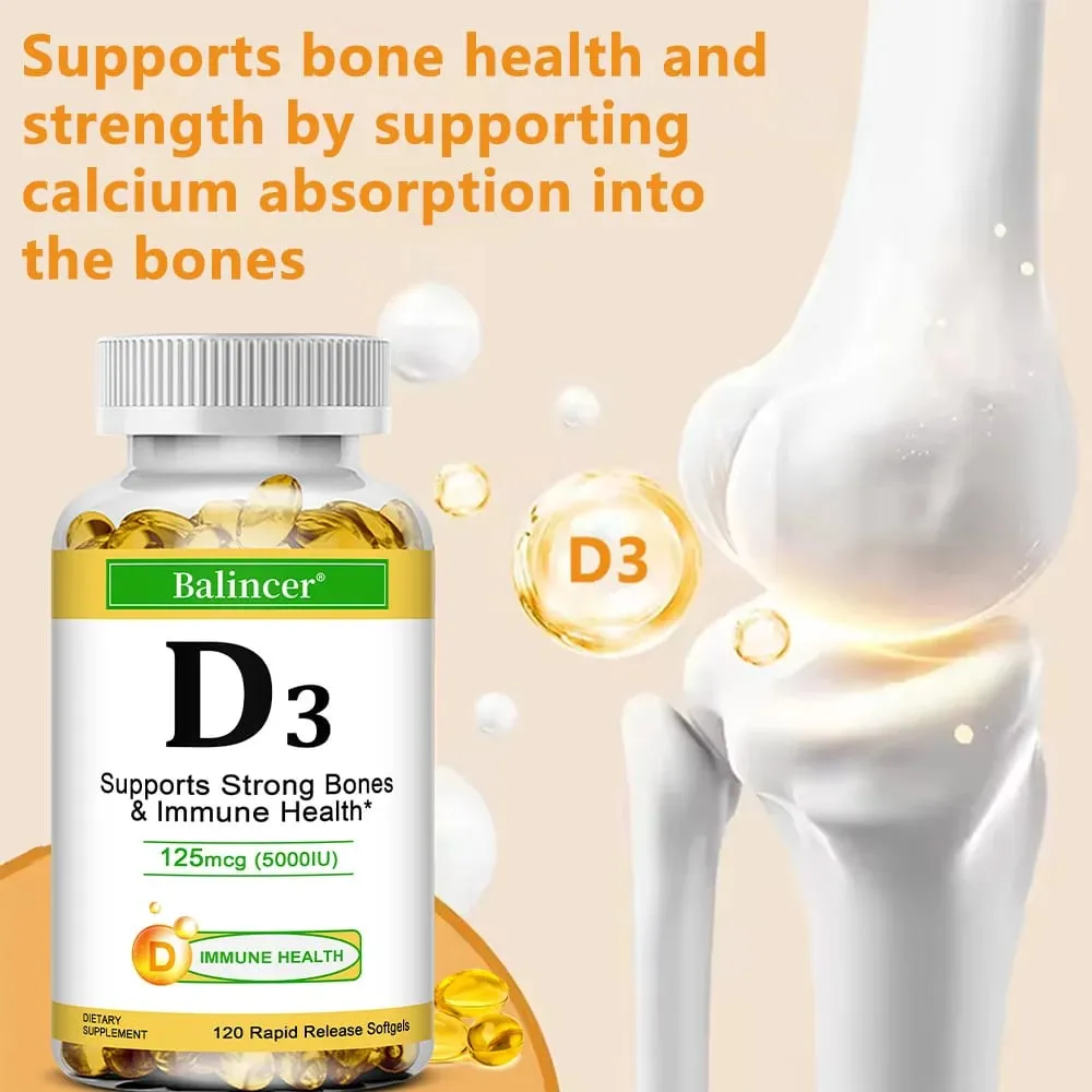 Συμπλήρωμα διατροφής Balincer Vitamin D3 5000 IU (125 mcg) για οστικά δόντια Μύες και Υποστήριξη Ανοσοποιητικής Υγείας 30/60/120 Softgels — image 4