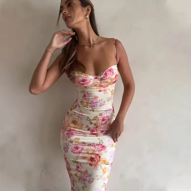 Νέα Floral Ζαρτιέρες Split Slim αμάνικο Patry Beach Φόρεμα Spaghetti Strap Γυναικεία Ρούχα Μίνι Φόρεμα 2024 Καλοκαίρι