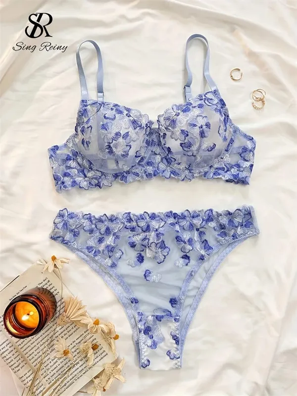Διχτυωτό Sheer Εσώρουχα Δύο Κοστούμια Γαλλικά Floral Seusual Σετ Εσωρούχων Γυναικεία Κέντημα Σέξι Σετ σουτιέν και σλιπ — image 8