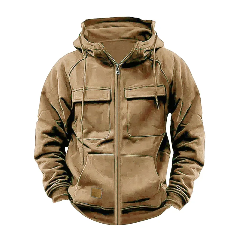 New Autumn Winter Men's Hooded Solid Hoodies Jackets Multi Pockets Male Zipper Sweatshirts Sports Outdoor Casual Hoodie Coat — image 5
