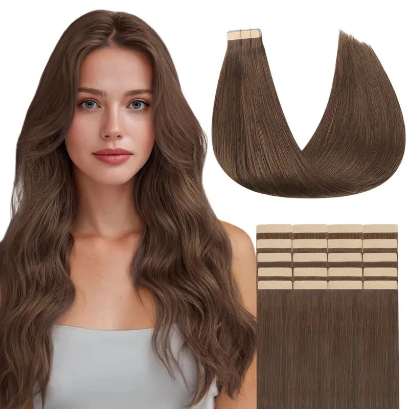 Sunmofavo Tape In Remy Human Hair Extensions Παχιά μεταξένια ίσια φυσική καφέ αόρατη ταινία 20 τμχ. — image 10