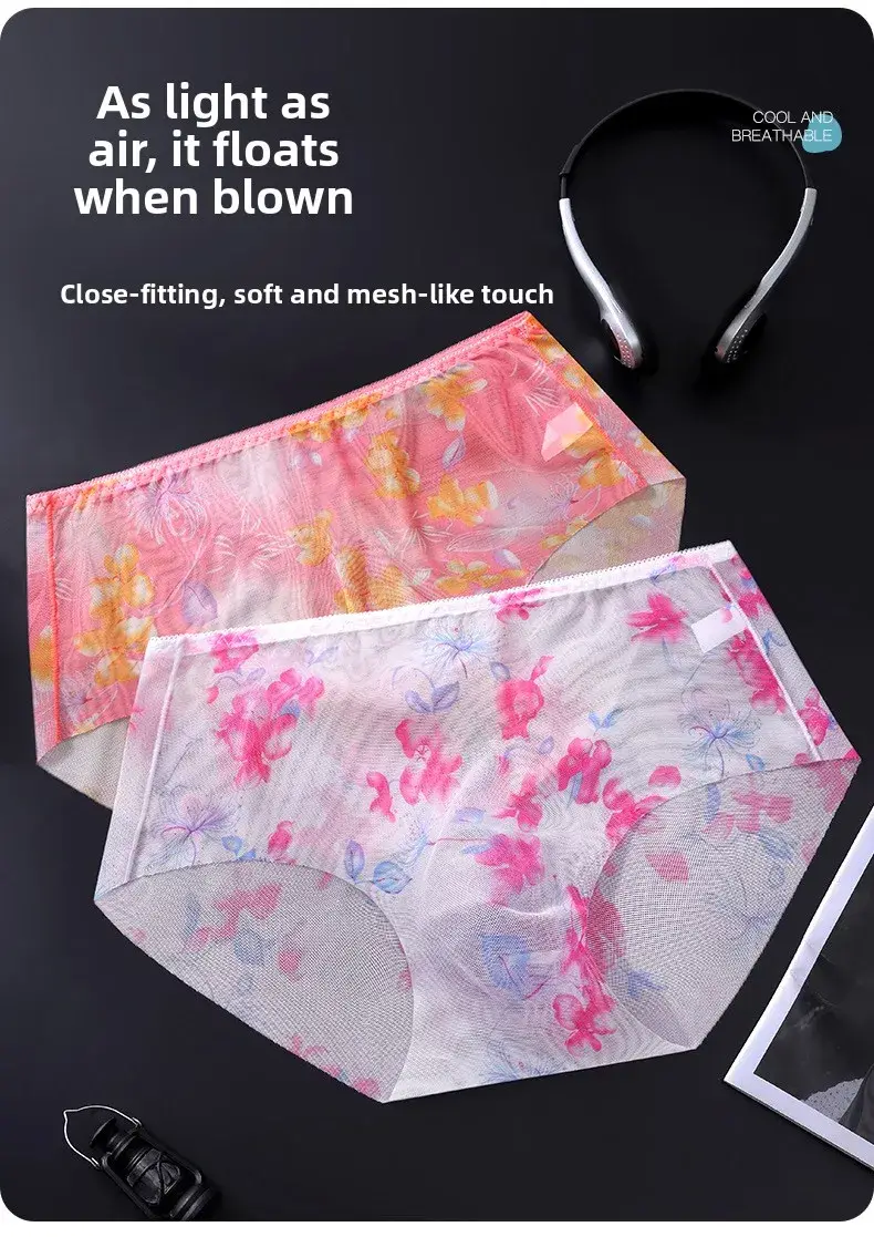 Men's 3D Space Capsule Molded Pouch Briefs Floral Print Sheer Mesh Ice Silk Ultra Thin High Elastic Male Underwear