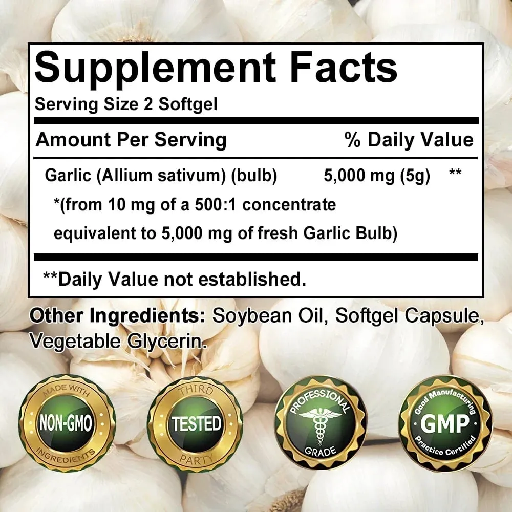 Garlic Oil Softgels 5000 Mg Immune Cardiovascular Circulation Heart Unflavored Non-GMO Gluten-Free Supplement — image 6