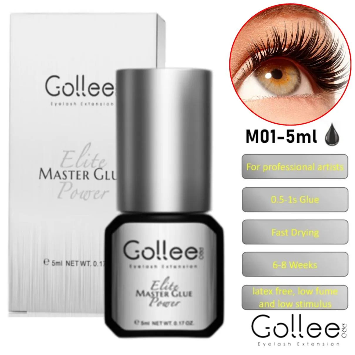 Gollee Fast Drying Eyelash Glue 0.5S 1S 2S 3S Unscented Lash Glue Low Ood Lashes Extension Adhesive for Professional Supplie