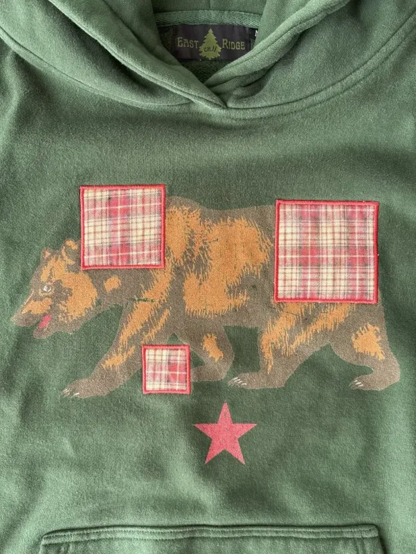 Vintage urso impressão hoodie masculino retro verde xadrez remendo pulôver moletom com capuz casual streetwear manga longa feminino hoodies topo