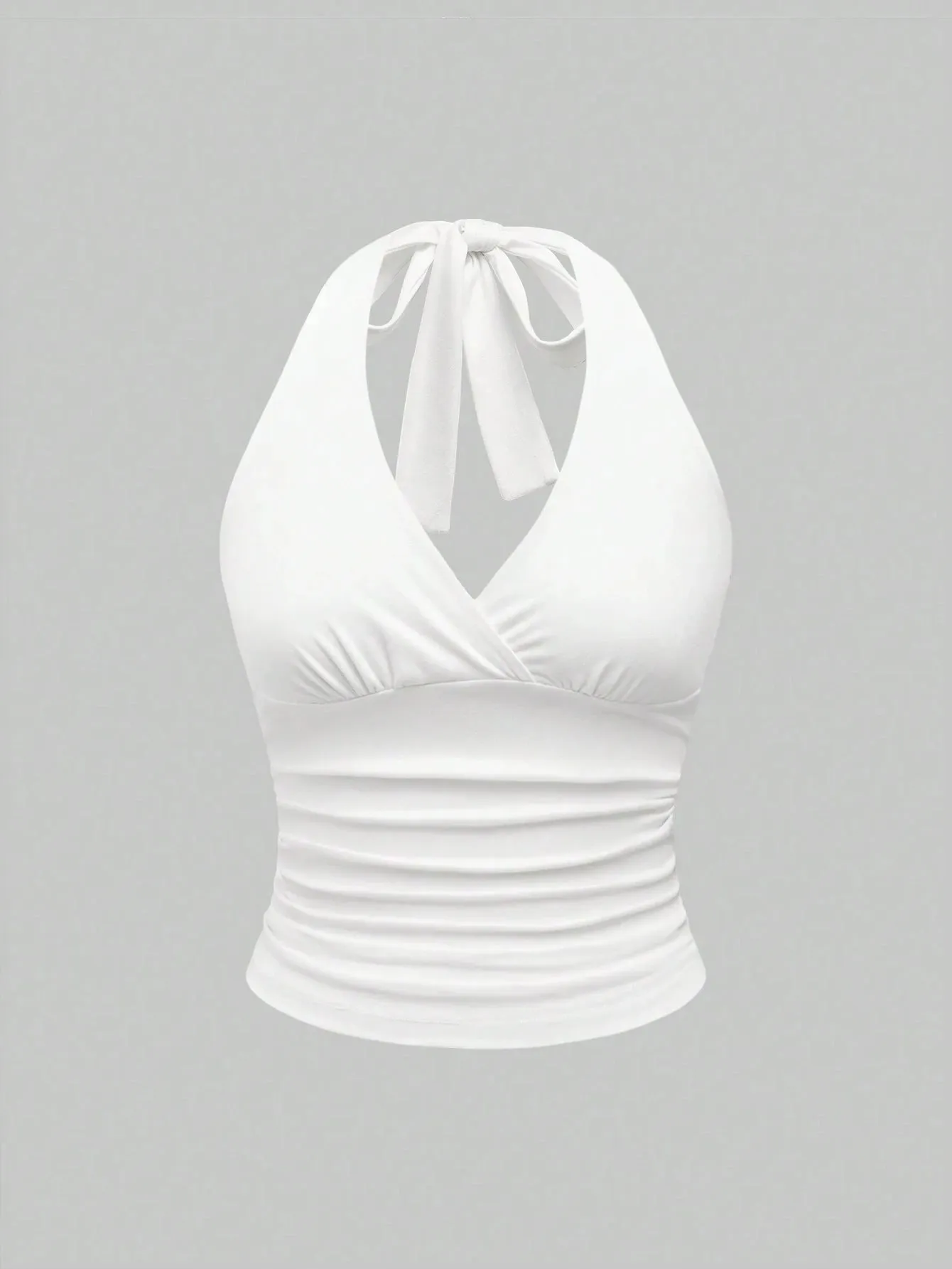 Solid V-neck Backless Halter Crop Top for Women Summer Sexy Y2K Sleeveless Ruched Top Streetwear