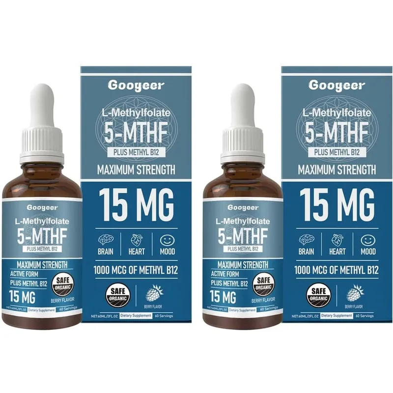 Googeer L-metilfolát 5-MTHF folyékony cseppek metil-B12-vel 15mg 1000mcg Maximális erősségű szív-agy hangulattámogatás 60ml — image 9