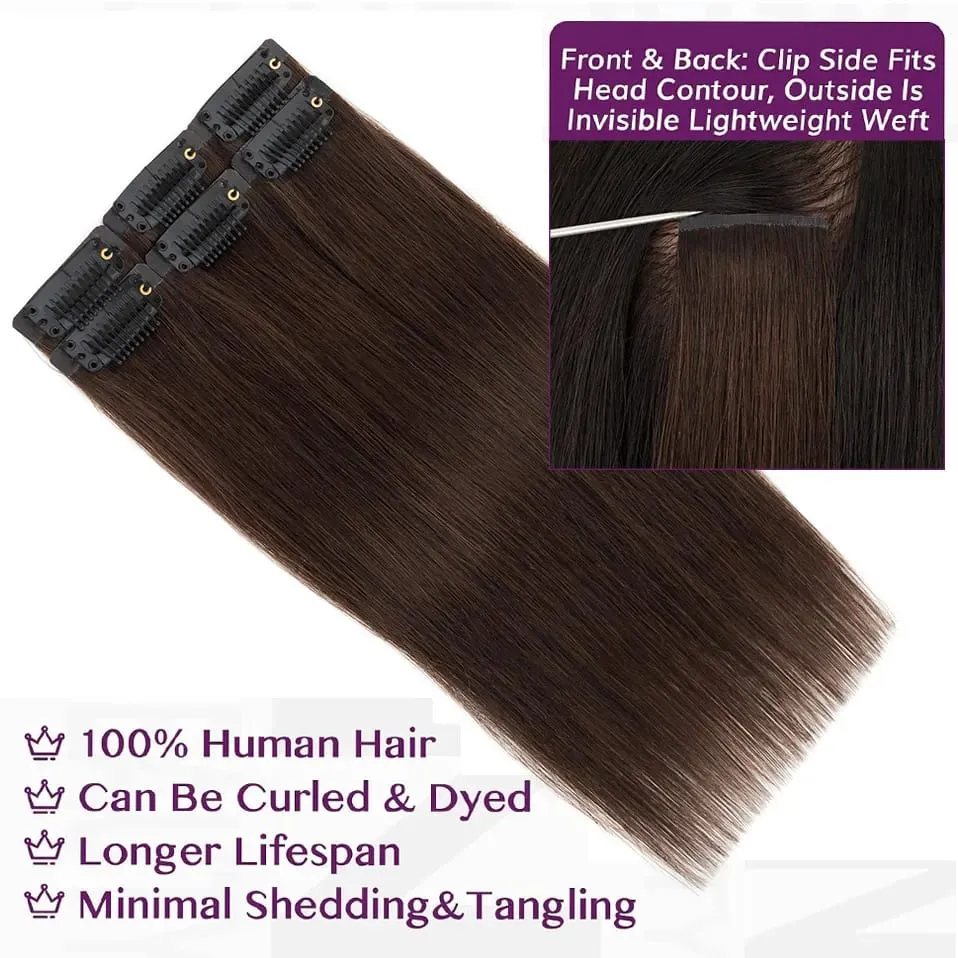 S-noilite Seamless PU Thin Weft 6Pcs Clip in Hair Extensions Real Human Hair Straight Soft Silk Clip in Extensions for Women
