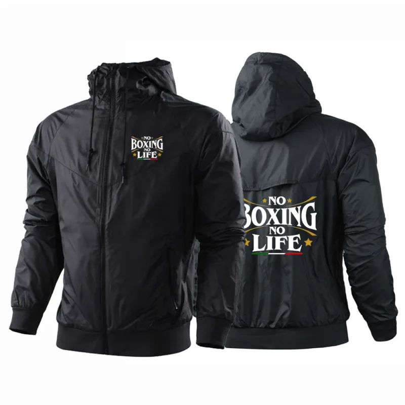 2025 No Boxing No Life Gym Herr Vår och höst Tunn Vindtät Casual Huva Färgmatchning Modetryck Vindjacka