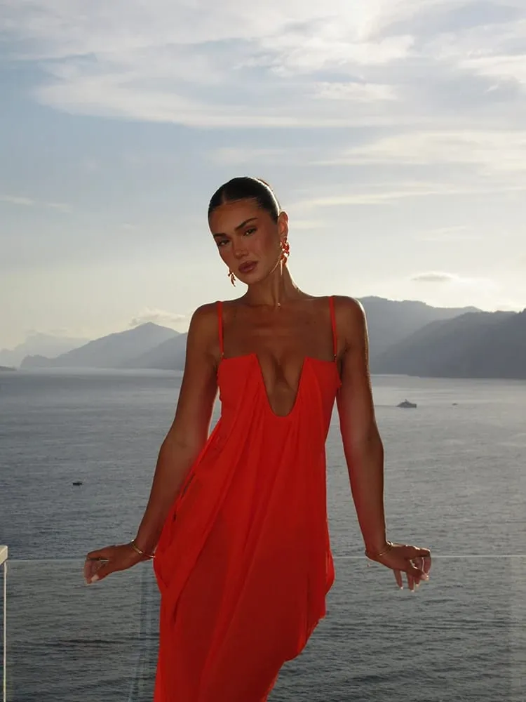 Ζωντανό γιορτινό Flowy Maxi Φόρεμα Deep U Chic Bohemian Chiffon Loose Fit Γυναικεία Φορέματα Παραλία Διακοπές για καλοκαιρινό πάρτι