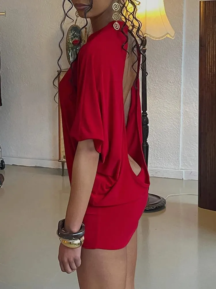 חמוד חדש מוצק ללא גב שמלת מיני נשים טרנד קיץ סקסי שיק חצי שרוול צוואר צוואר צוואר בעיצוב גוף שמלת מוג'ר לבוש פשוט למסיבה — image 6