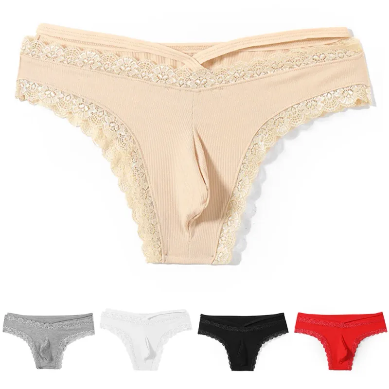 Men Lace Rrim Sissy Gay Seamless Briefs Underwear Mid Waist Bulge Pouch Lingerie Solid Men's Lace Edge Lingerie — image 1