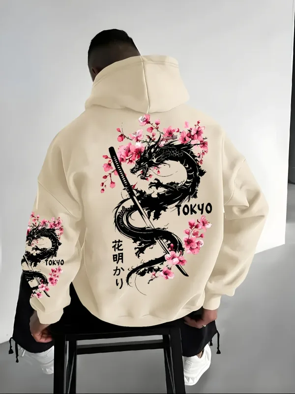 Novo anime masculino dragão flor de cerejeira impresso moletom com capuz inverno velo quente casual rua conforto inspirado design hoodie — image 2