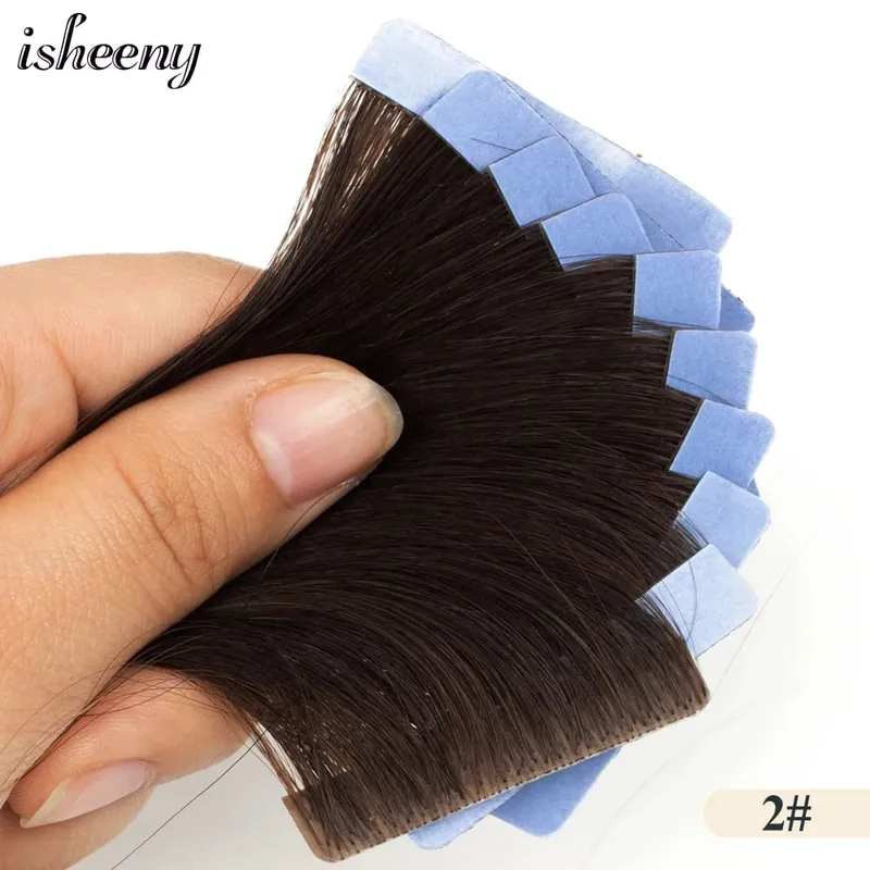 Isheeny Invisible Tape In Hair Extensions 12" 16" 20" Skin Weft Tape Ins 10pcs Natural Straight Machine Made Remy Human Hair — image 9
