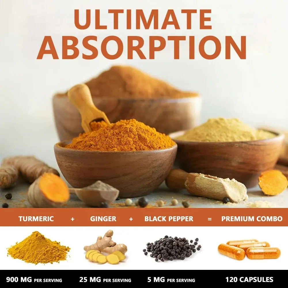 Turmeric Curcumin with Ginger & Black Pepper 1000mg High Absorption Antioxidant & Immune Support 30/60/120 Capsules