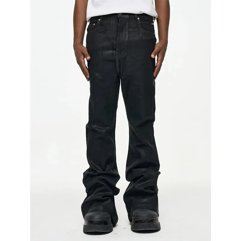 2026 High Street Coated Brushed Micro-flared Floor-length Jeans for Men Retro Street Wear Loose Micro-elastic Waxed Pants