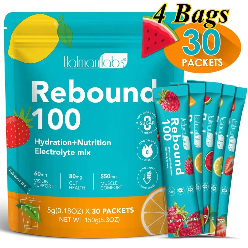 HolmanLabs Rebound 100 elektrolit-kiegészítő por, cukormentes hidratálás, béllátás, izom egészsége C-vitamin B6 B12 30 csomag — image 10