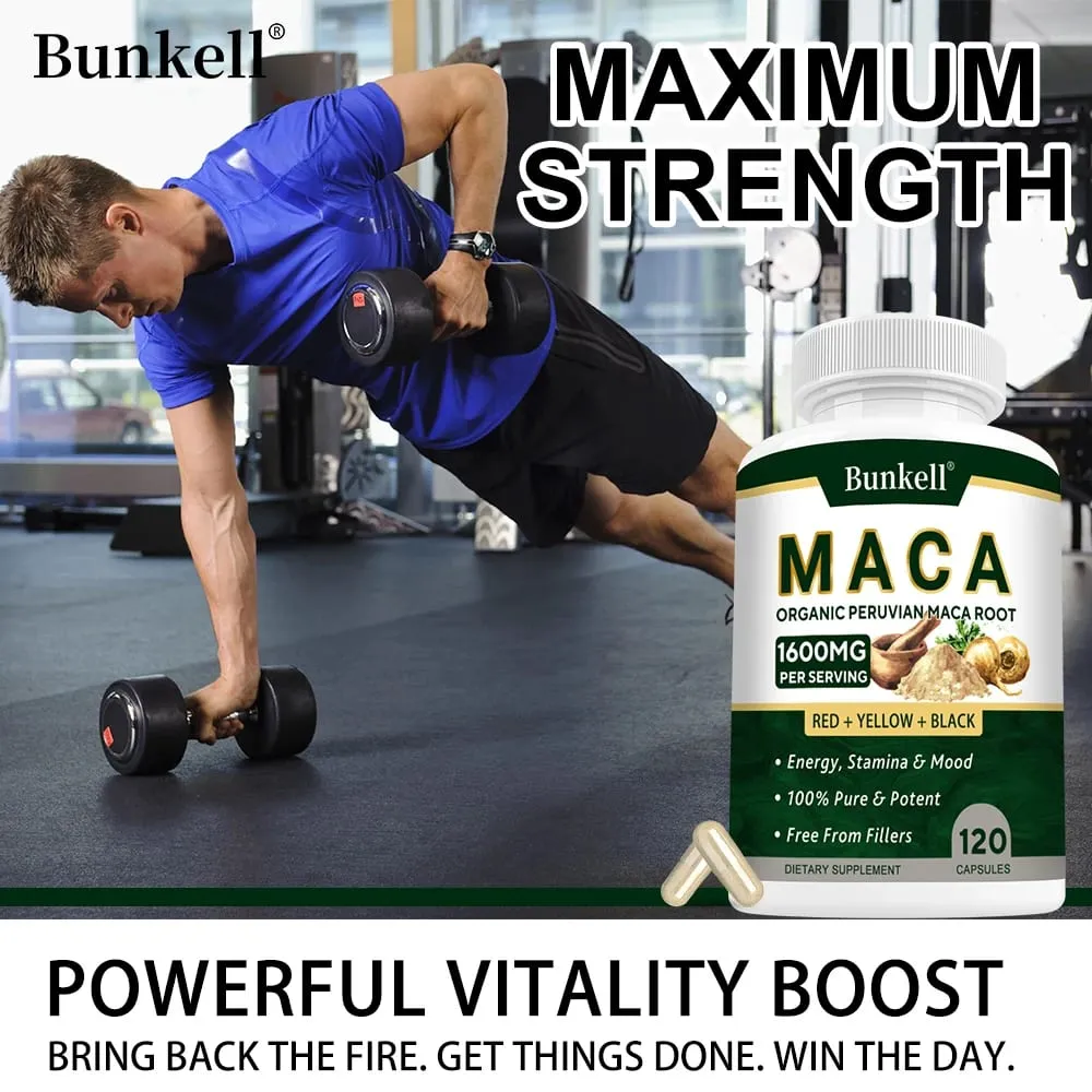 Organic Maca Root Capsules 1600mg - Black Red Yellow Maca Vitality Performance & Muscle Mass Support for Men and Women
