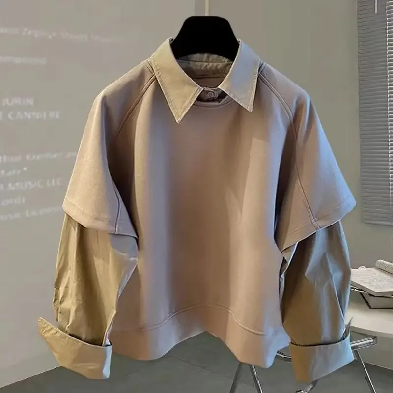 Camisa de manga comprida emendada de duas peças para outono inverno novo moletom masculino estilo coreano na moda solta versátil topo — image 2