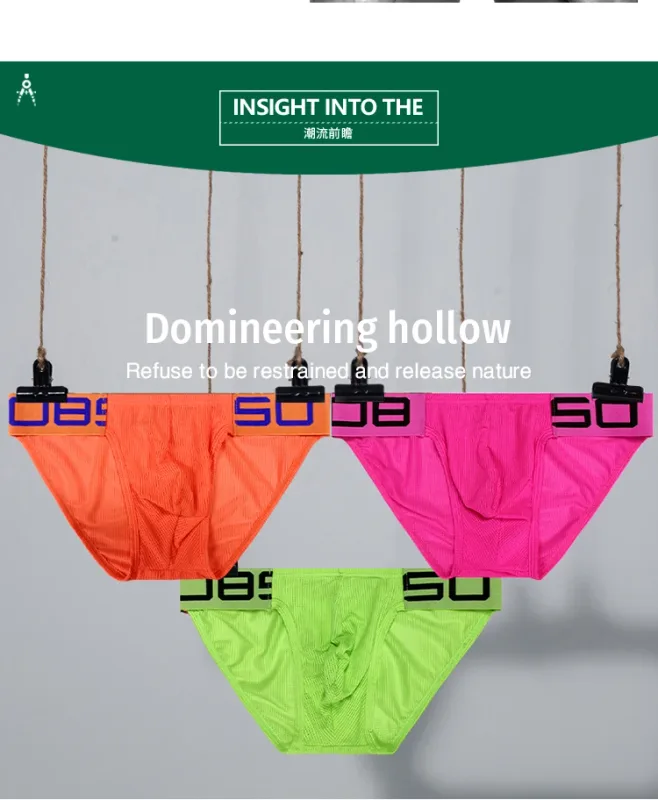 Men's Nylon Blend Mesh Breathable Briefs Horn Splice Letter Embossed Wide Elastic Waistband Fluorescent Color Sexy Underwear — image 11
