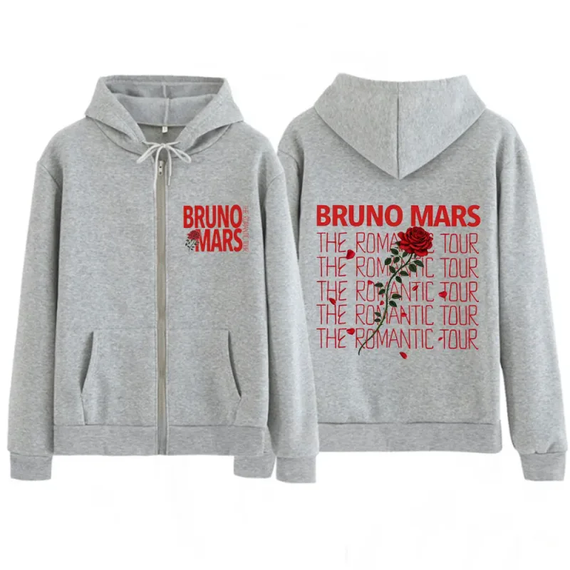 Bruno Mars The Romantic Tour 2026 Print Zip Up Hoodie Men Women Fashion Pullover Long Sleeves Loose Aesthetic Zipper Sweatshirts — image 3