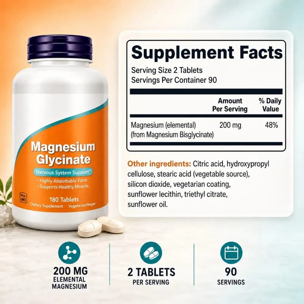 Magnézium-glicinát tabletta 200 mg nagy felszívódású vegán, nem GMO formula az idegrendszer izomrelaxációjához 180 Count — image 2