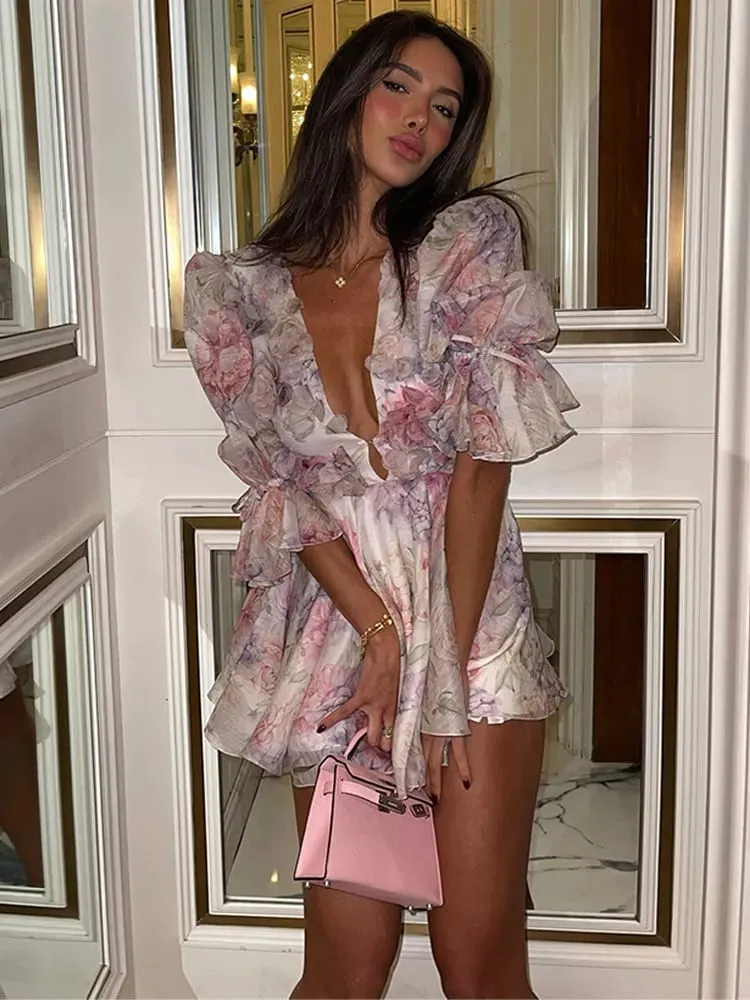 Floral Printd Lace Patchwork Sling Mini Dress Women Elegant Backless Sleeveless A Line Vestidos Chic Lady Holiday Street Wear — image 4