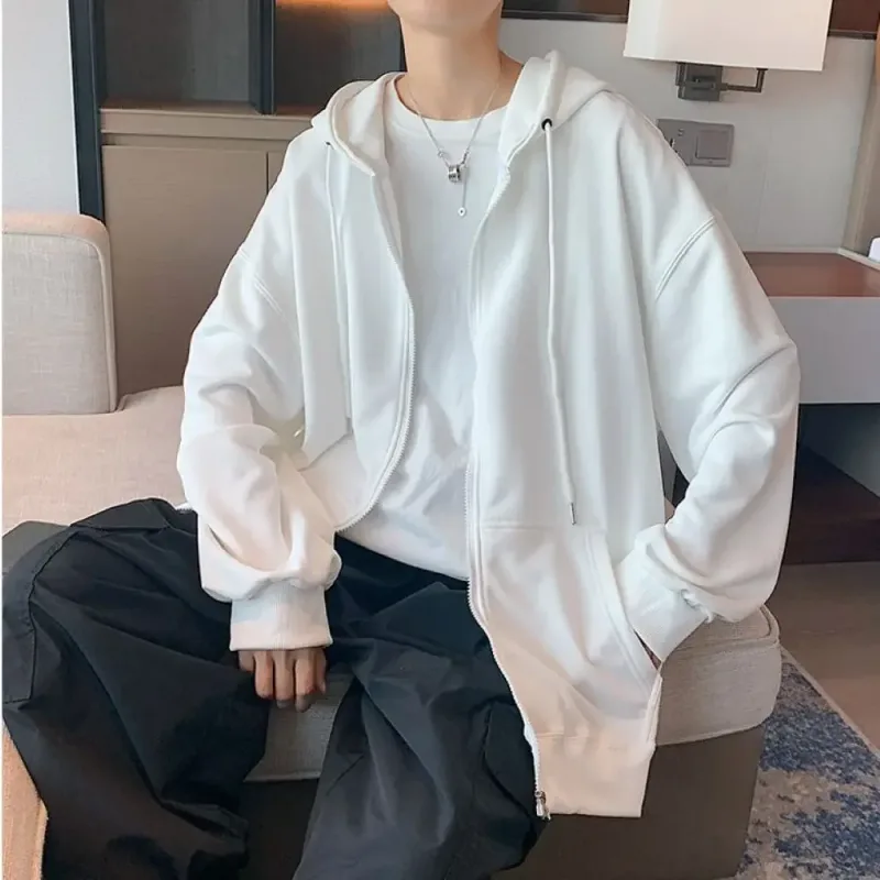Moda masculina com capuz cardigan outono moletom com capuz cor sólida jaqueta clássica manga longa com zíper casaco casual roupas masculinas — image 3