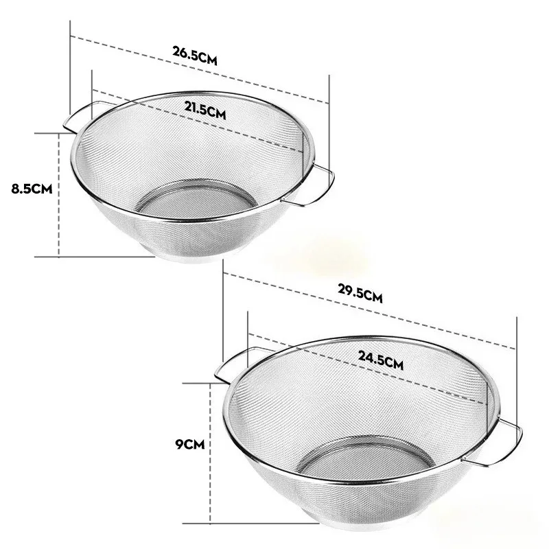 2pcs 21cm+24cm Stainless Steel Drain Basket Kitchen Basket with Handles Vegetable Washing Basket Rice Strainer Strainer