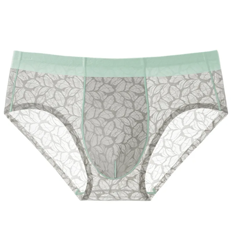 Men Ice Silk Ultra-thin Brief Underwear Seamless Lace Jacquard Breathable Pantie 3D Bulge Pouch Transparent Mesh Lingerie